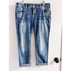 Silver Jeans Co Boyfriend Mid Rise Medium Wash Distressed Denim Jeans